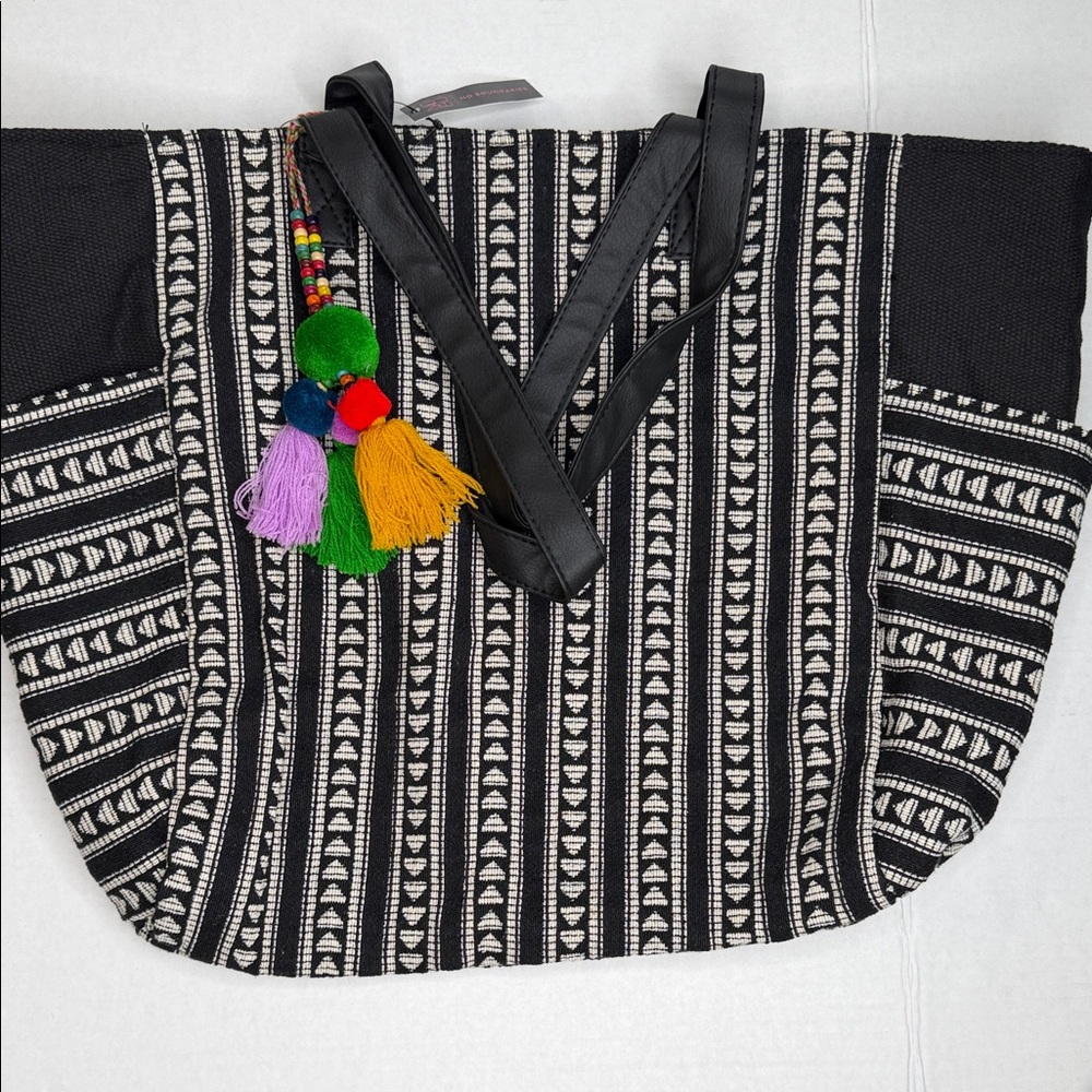 Black & White Striped Large Tote Bag with Colorful Tassel
